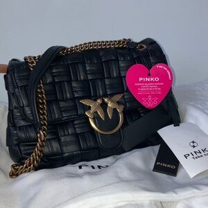 Pinko Love Classic Puff Weave Black Woven Shoulder Bag with Gold Chain